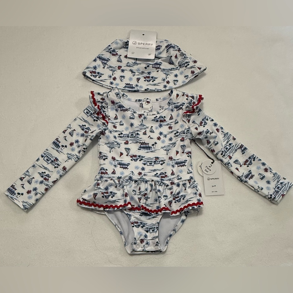 Infant Girl 24M Sperry Nautical One Piece Rashguard & Hat Set - Blue Red - NWT